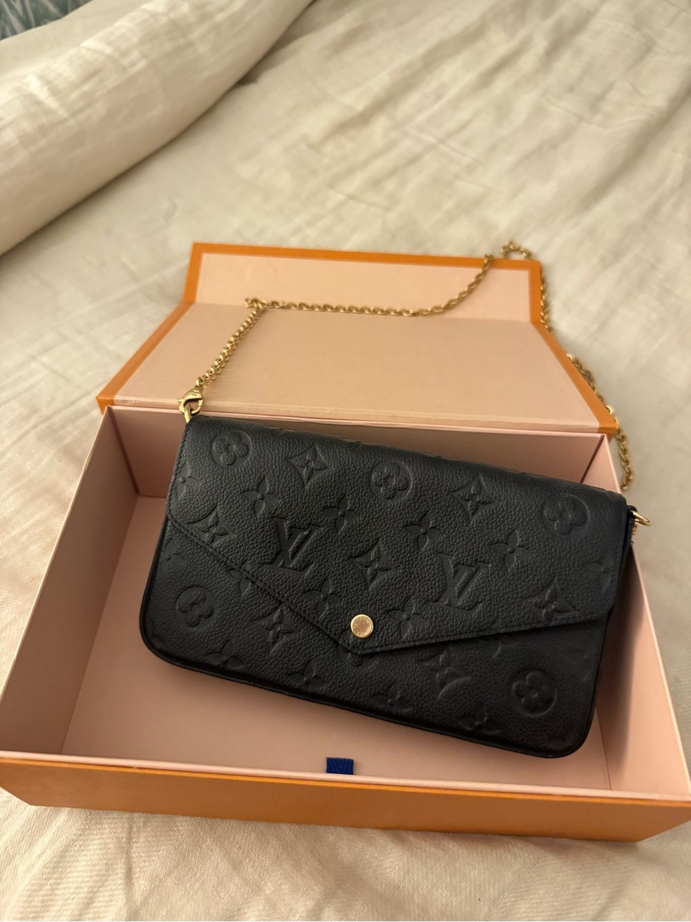 Louis Vuitton Black Monogram Embossed Leather Crossbody Wallet with Gold Chain